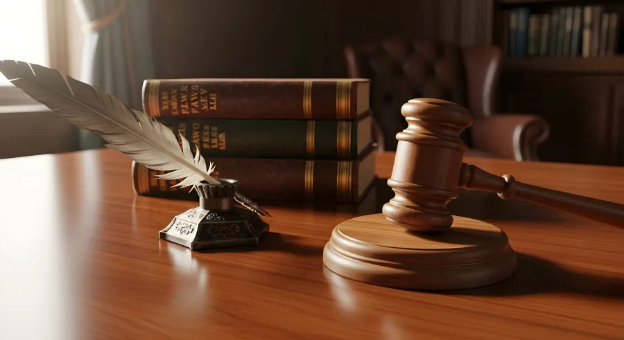 A gavel and an inkwell with a quill pen on a wooden desk, with legal books and a leather chair in the background.